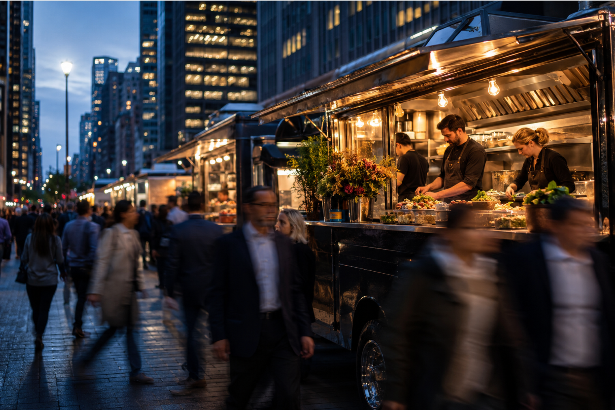 City commuters rush past a glowing food truck at dusk, a scene evoking the daily food choices and gut-brain signaling explored in the article.