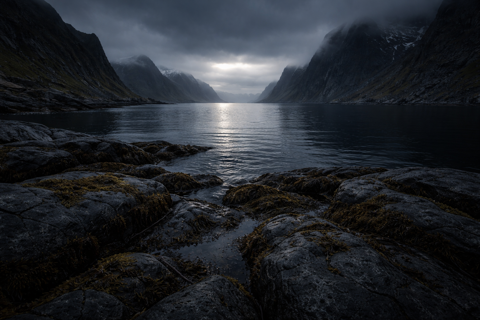 Ancient rocky shoreline at dawn where water meets land, dark basalt rocks with biological growth, dramatic fjord and misty mountains in the background