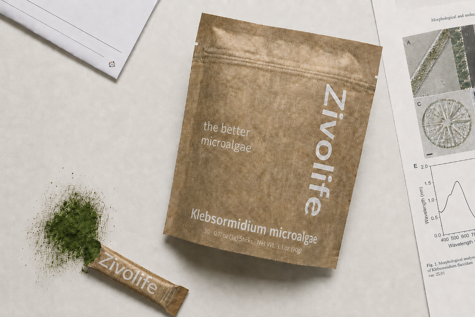 Zivolife Klebsormidium microalgae pack beside a Eurofins analytical report and a Klebsormidium flaccidum var. ZL01 morphology paper
