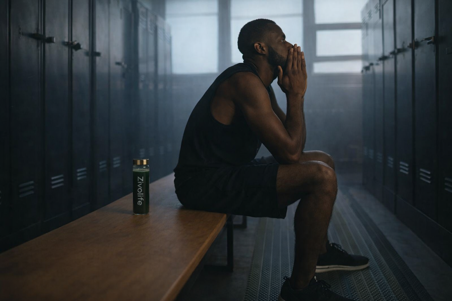 Athlete in recovery, seated in a locker room with a Zivolife bottle beside him.