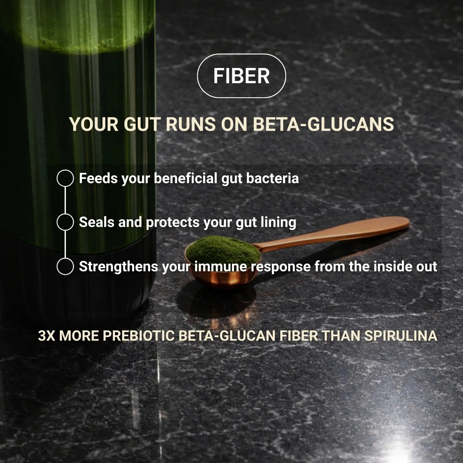 Zivolife whole food microalgae — prebiotic beta-glucan fiber feeds beneficial gut bacteria, seals and protects gut lining, and strengthens immune response from the inside out. Contains 3x more prebiotic beta-glucan fiber than spirulina.